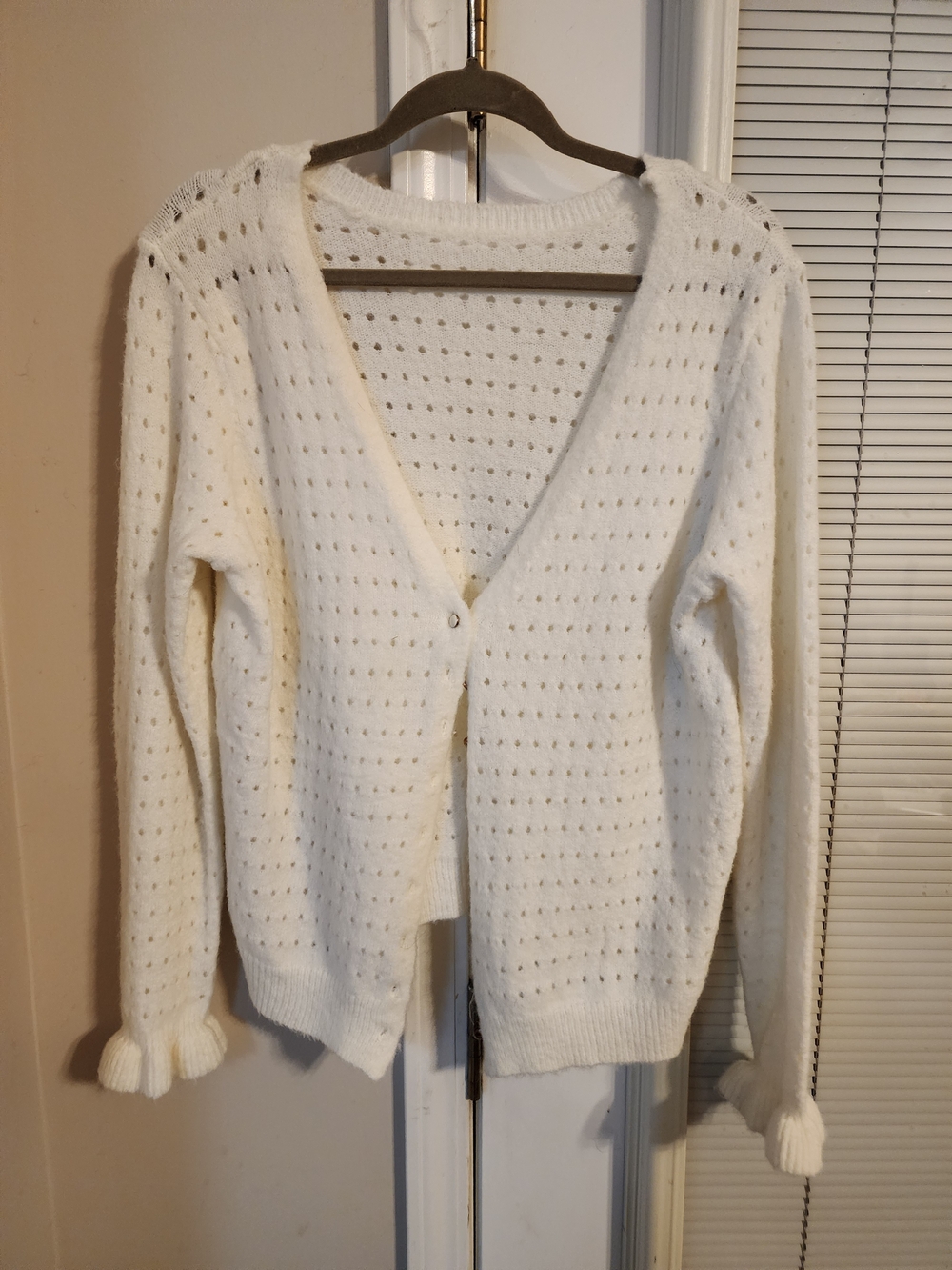 White Open-Knit V-Neck Women's Sweater